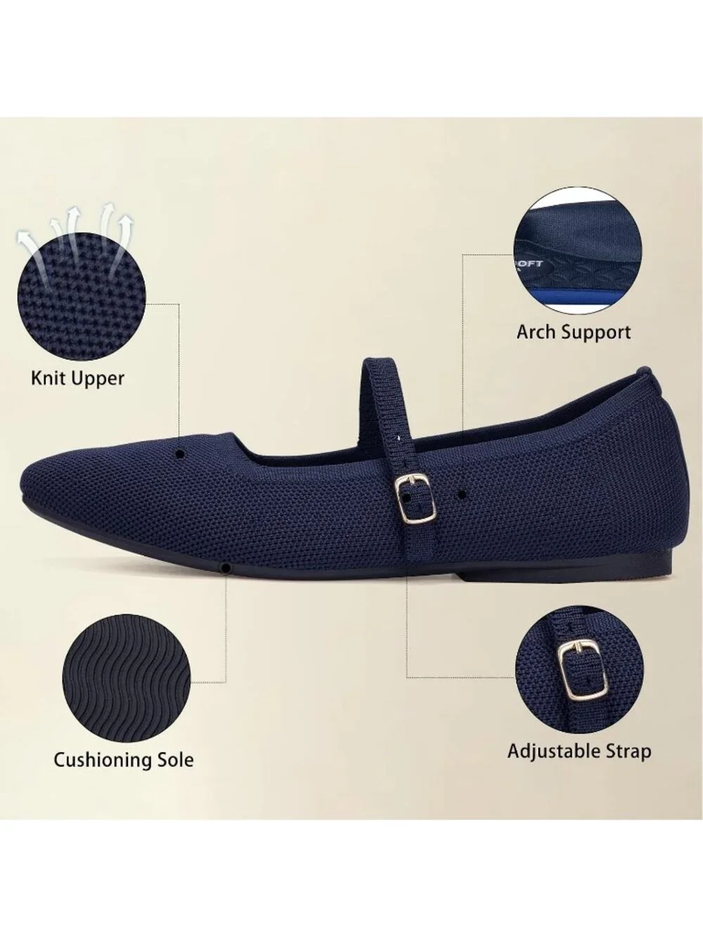 Women's Blue Rubber Knit Square Toe Ballet Flats With Strap Comfortable Shoes